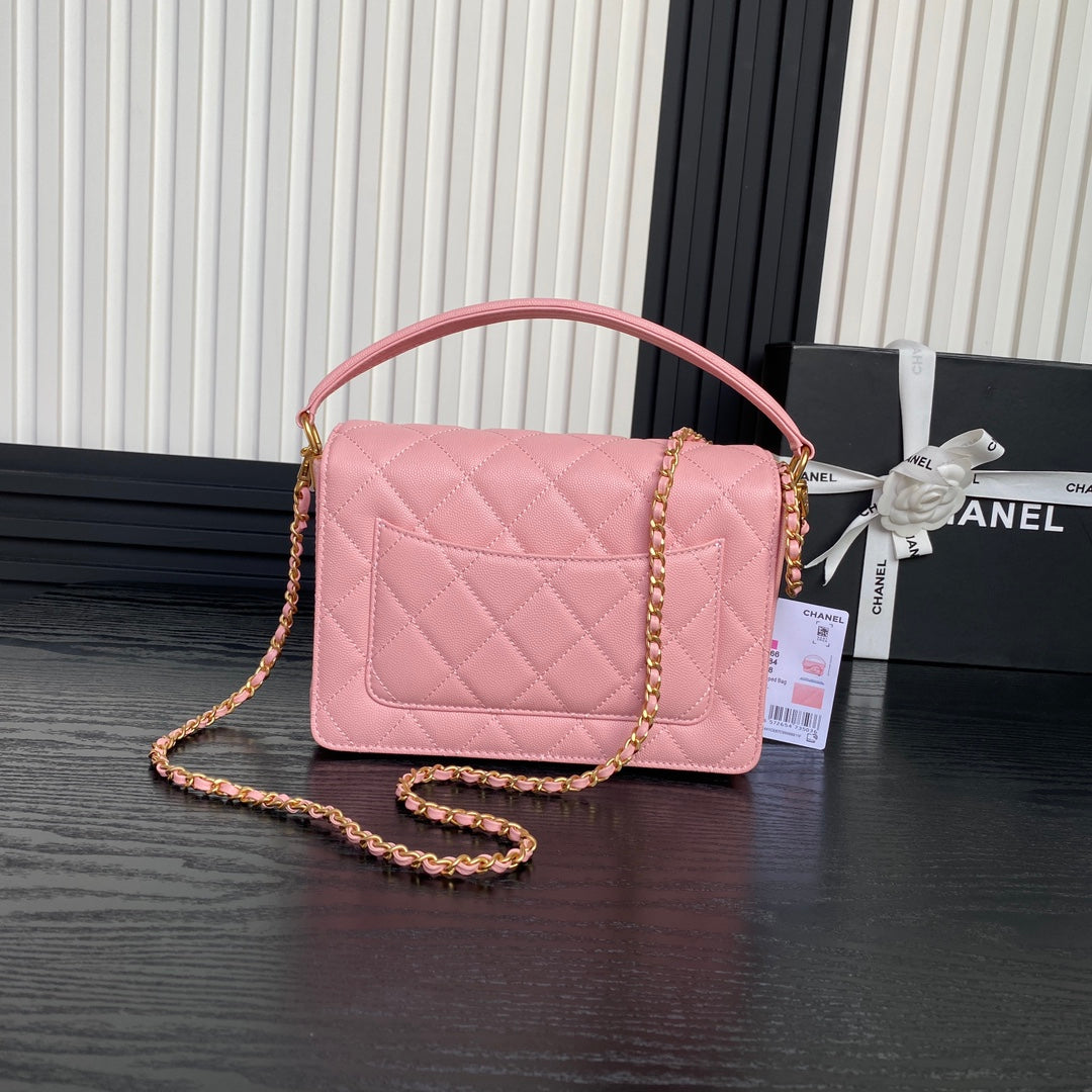 RETRO STYLE FLAP BAG 22 IN LIGHT PINK GRAINED CALFSKIN GOLD HARDWARE