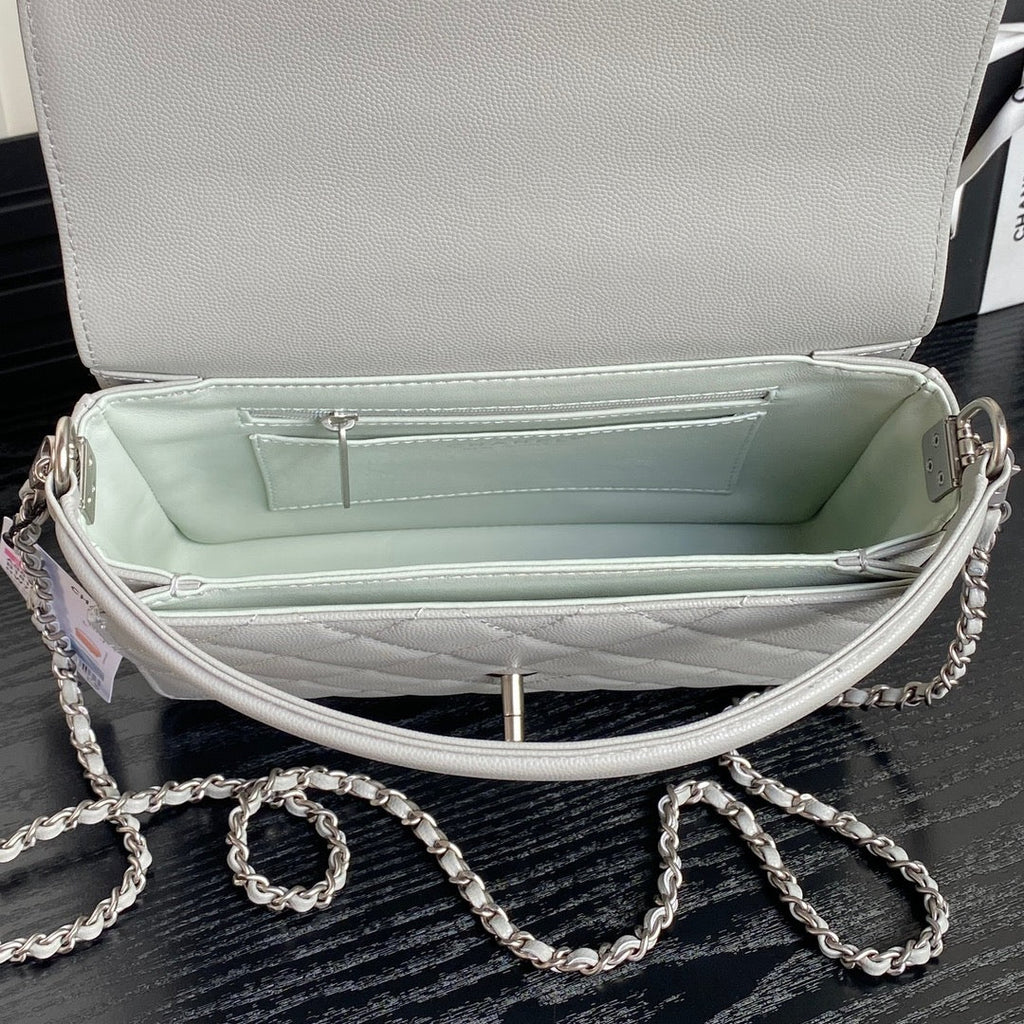 RETRO STYLE FLAP BAG 22 IN RHINO GRAY GRAINED CALFSKIN GOLD HARDWARE