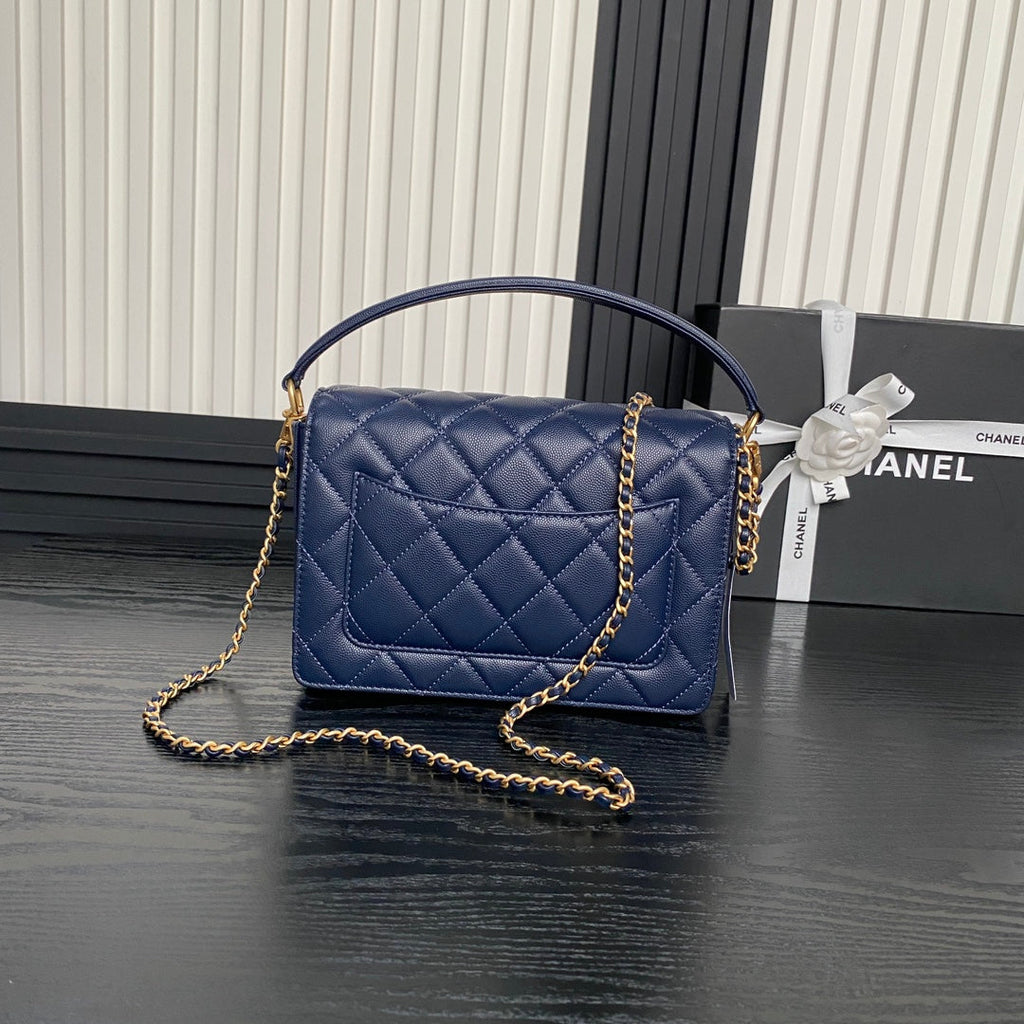 RETRO STYLE FLAP BAG 22 IN NAVY BLUE GRAINED CALFSKIN GOLD HARDWARE
