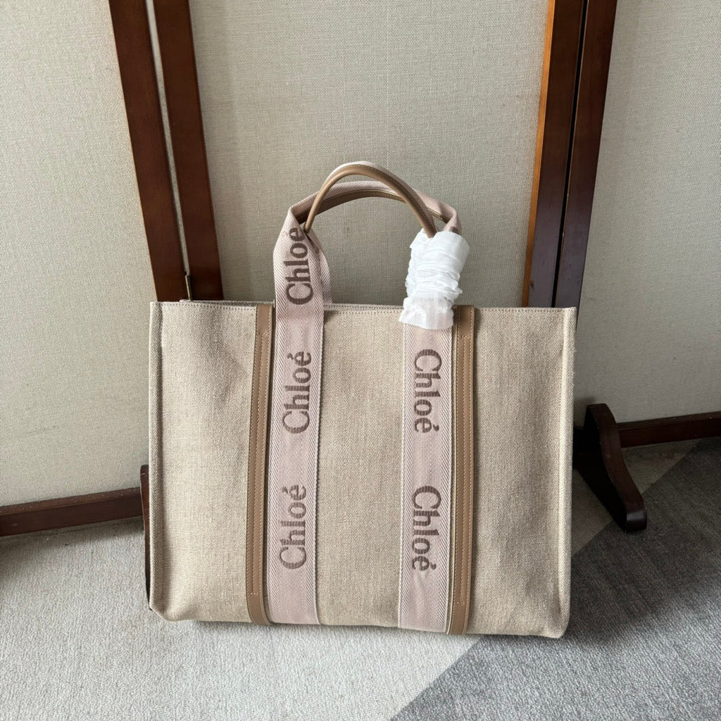 LAGRE WOODY TOTE BAG 45 IN BEIGE LINEN CANVAS LIGHT PINK WEBBING LOGO EMBROIDERY