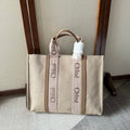 LAGRE WOODY TOTE BAG 45 IN BEIGE LINEN CANVAS LIGHT PINK WEBBING LOGO EMBROIDERY