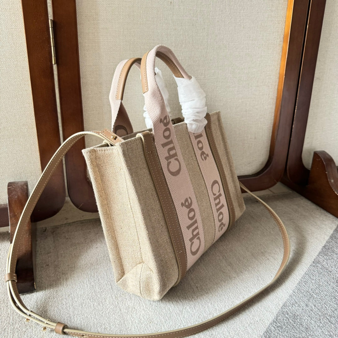 SMALL WOODY TOTE BAG 26.5 IN BEIGE LINEN CANVAS LIGHT PINK WEBBING LOGO EMBROIDERY