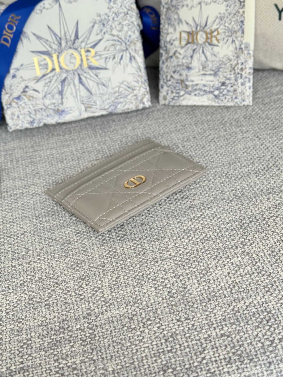 CARO FREESIA CARD HOLDER 10 IN LIGHT GREY CANNAGE CALFSKIN