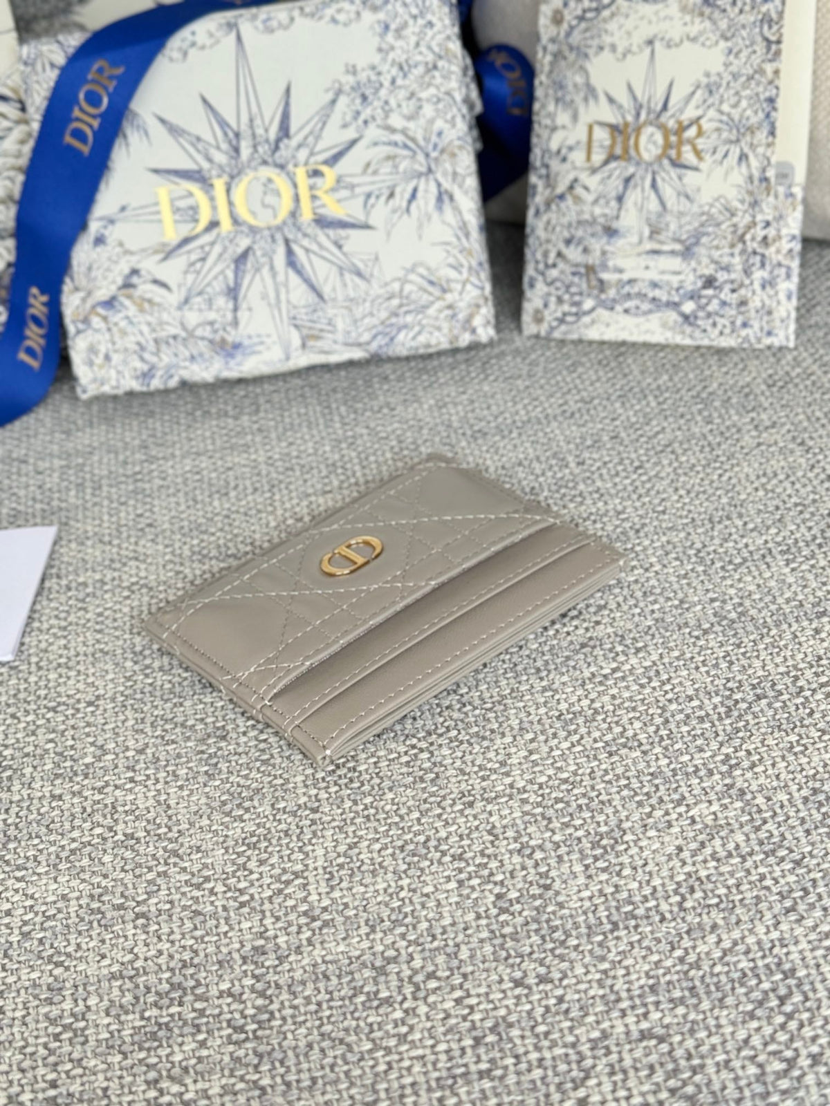 CARO FREESIA CARD HOLDER 10 IN LIGHT GREY CANNAGE CALFSKIN
