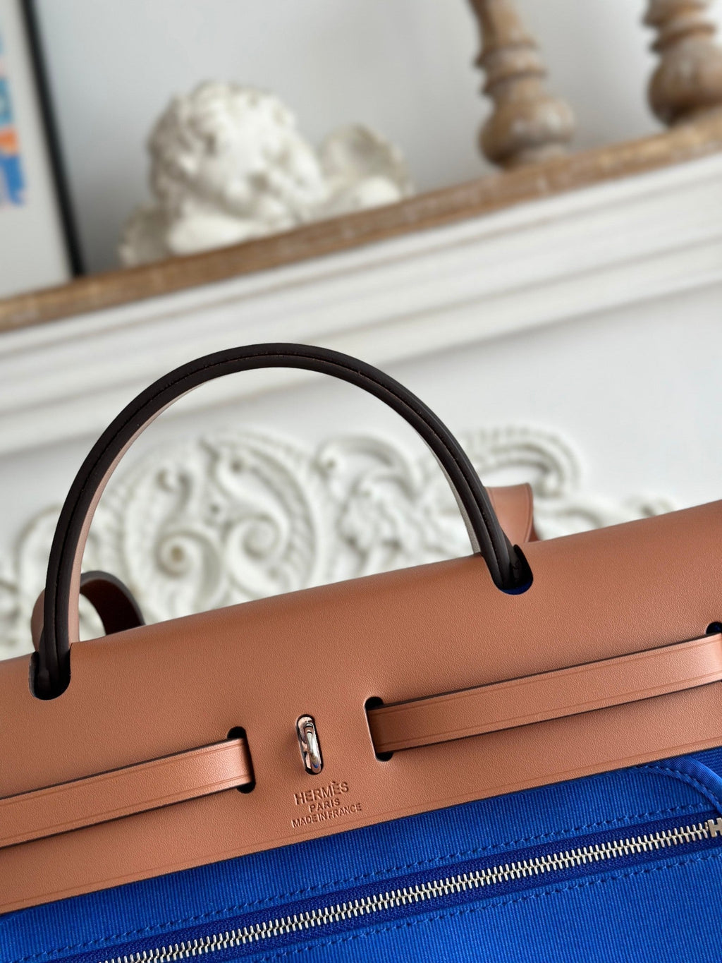 ZIP CABINE 31 BAG IN COBALT BLUE CANVAS AND BRONZE BROWN CALFSKIN