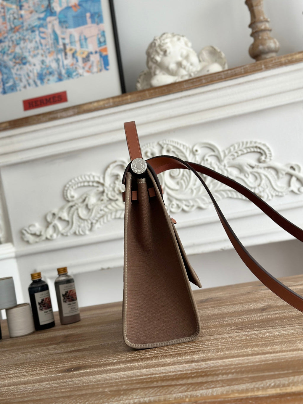 ZIP CABINE 31 BAG IN CHOCOLATE BROWN CANVAS AND BRONZE BROWN CALFSKIN
