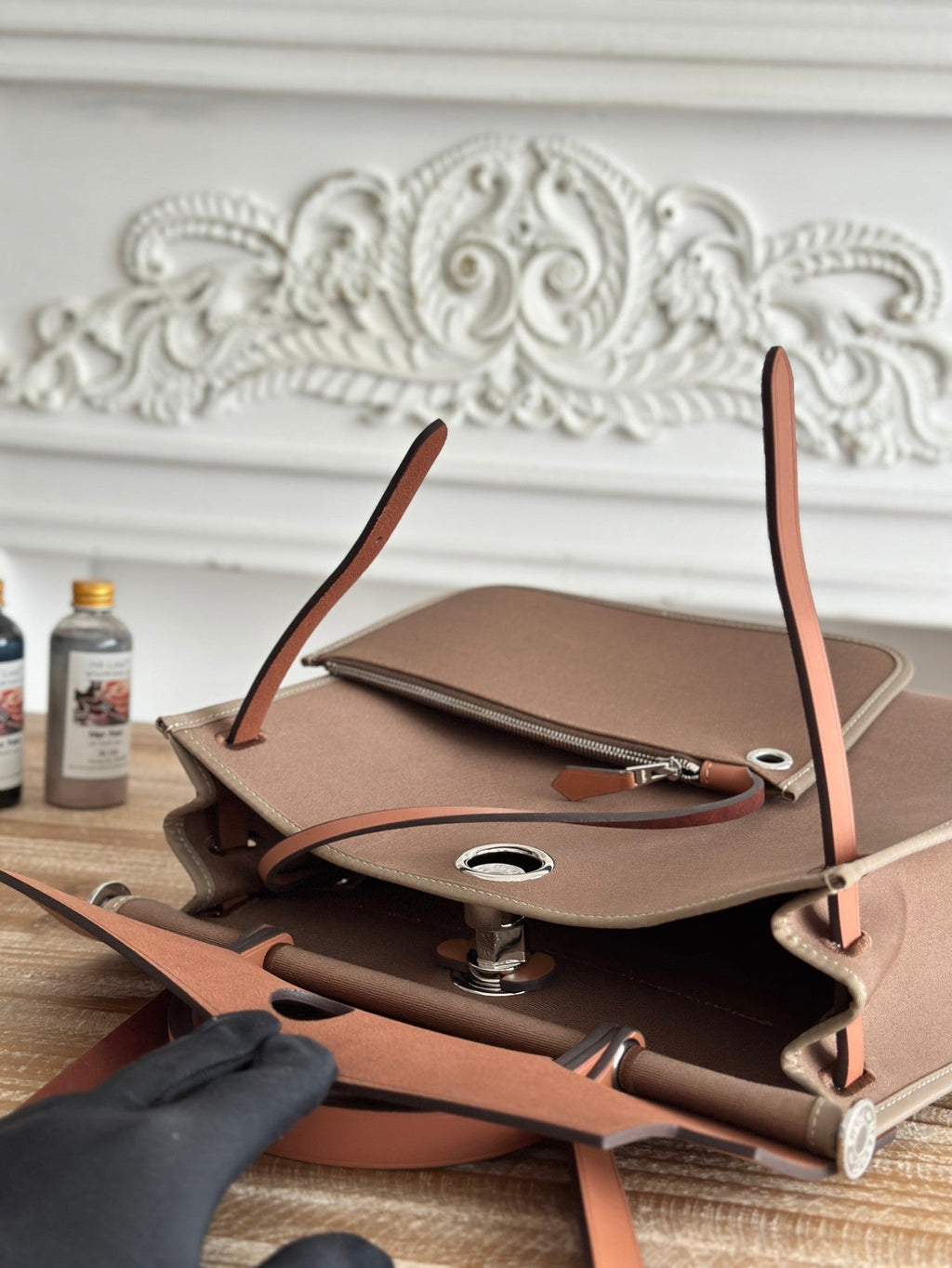 ZIP CABINE 31 BAG IN CHOCOLATE BROWN CANVAS AND BRONZE BROWN CALFSKIN