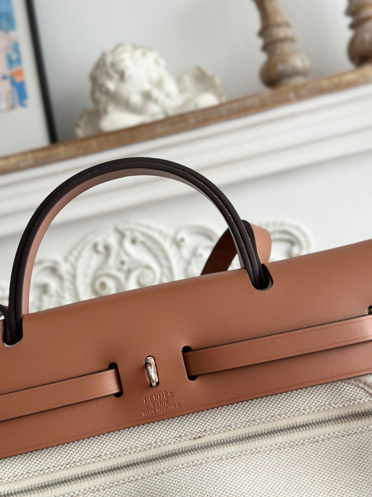 ZIP CABINE 31 BAG IN PALE GRAY CANVAS AND BRONZE BROWN CALFSKIN