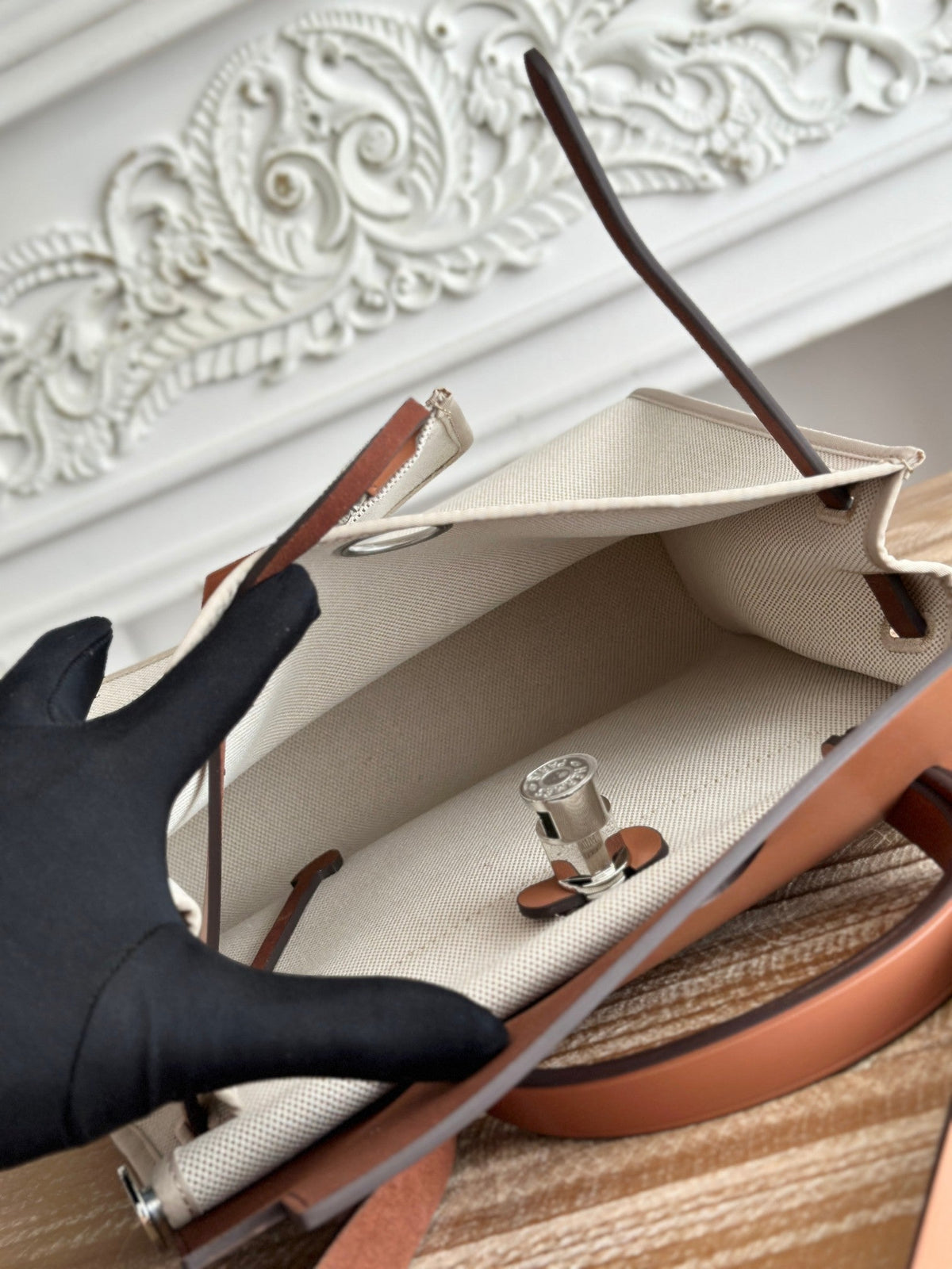 ZIP CABINE 31 BAG IN PALE GRAY CANVAS AND BRONZE BROWN CALFSKIN