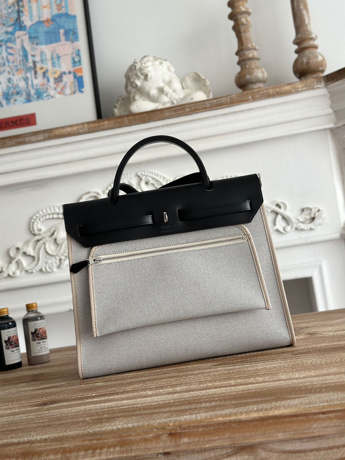ZIP CABINE 31 BAG IN PALE GRAY CANVAS AND BLACK CALFSKIN