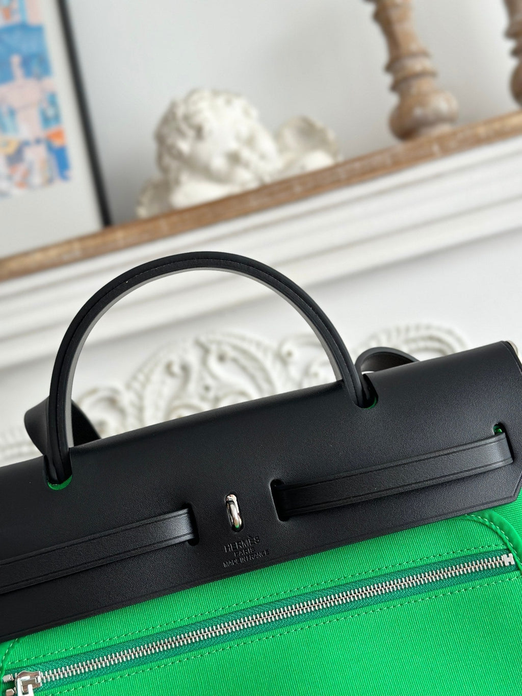 ZIP CABINE 31 BAG IN EMERALD GREEN CANVAS AND BLACK CALFSKIN