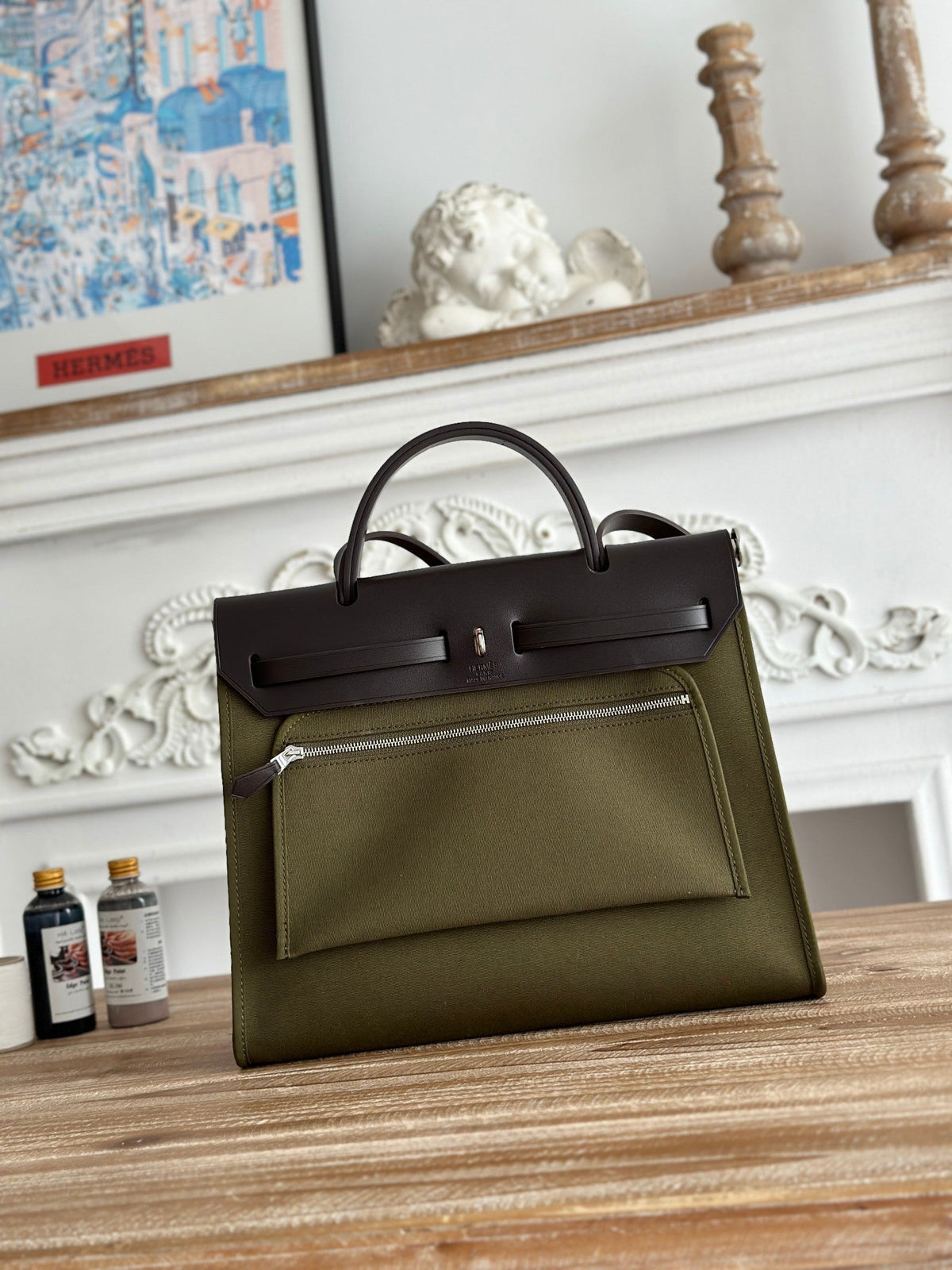 ZIP CABINE 31 BAG IN OLIVE GREEN CANVAS AND BLACK CALFSKIN