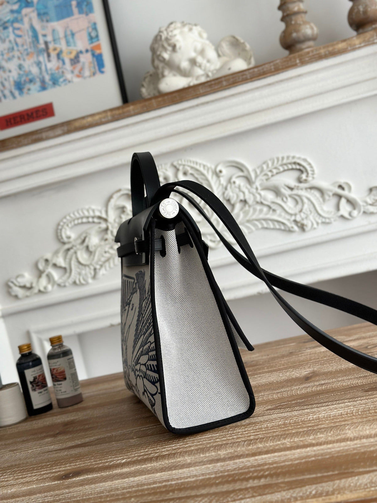 ZIP CABINE 31 BAG IN WHITE CANVAS AND BLACK CALFSKIN