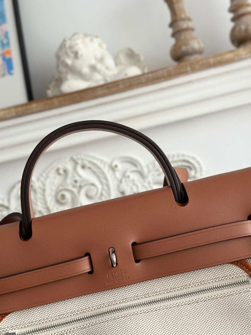 BOLSO HERBAG ZIP 31 RETOURNE BAG IN OFF-WHITE MIX BROWN H VIKING CANVAS AND COWHIDE