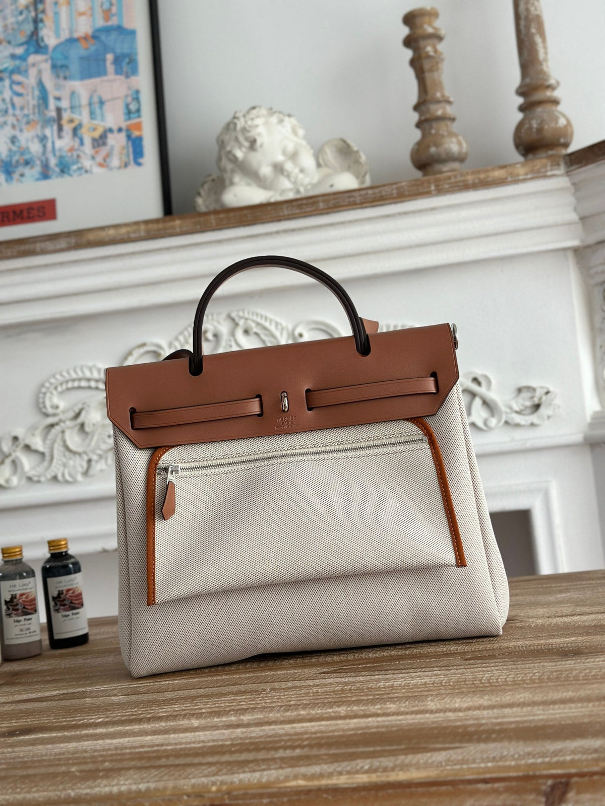 BOLSO HERBAG ZIP 31 RETOURNE BAG IN OFF-WHITE MIX BROWN H VIKING CANVAS AND COWHIDE