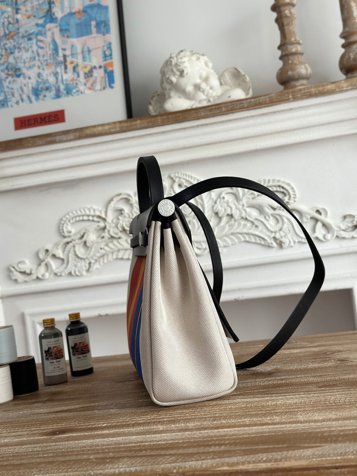 HERBAG ZIP 31 LAQUERED BAG IN BLUE MIX RED H PLUME CANVAS