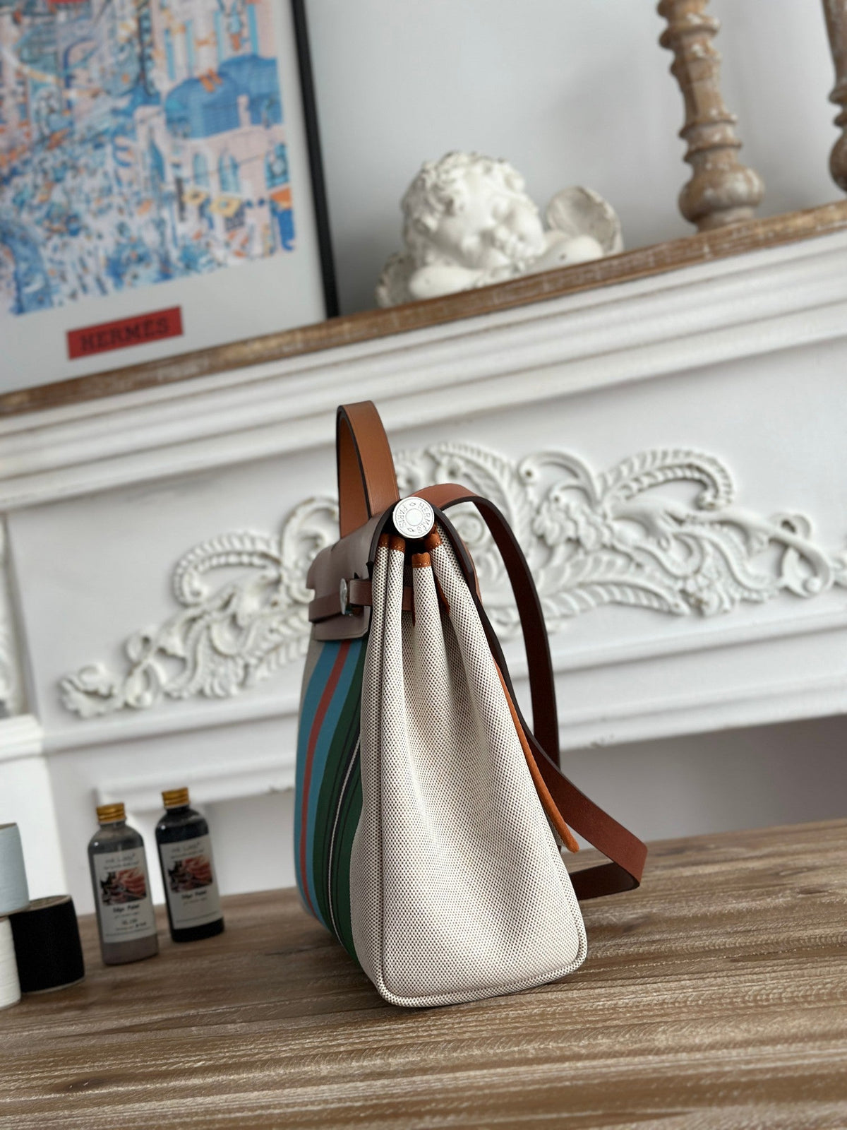 HERBAG ZIP 31 LAQUERED BAG IN GREEN MIX BLUE H PLUME CANVAS