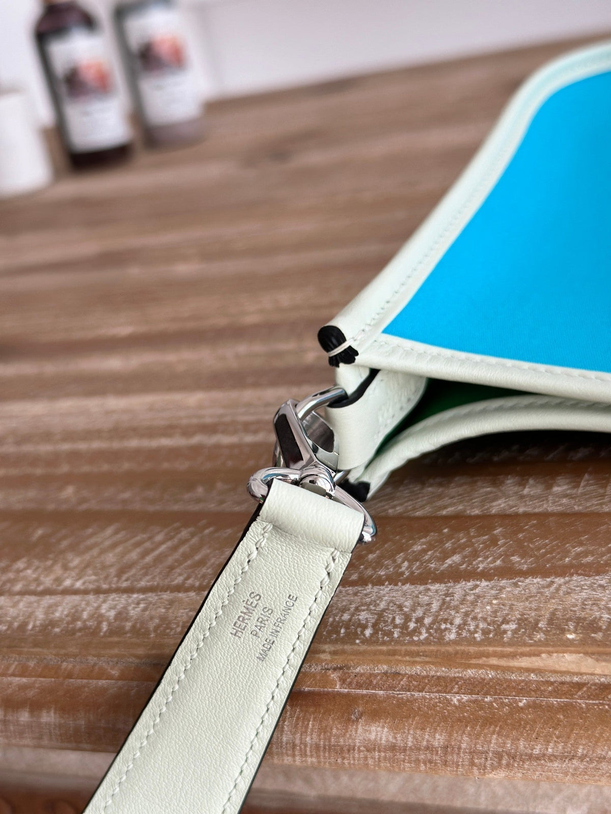 MINI NEO 17 EVELYNE BAG IN SKY BLUE CANVAS AND WHITE CALFSKIN