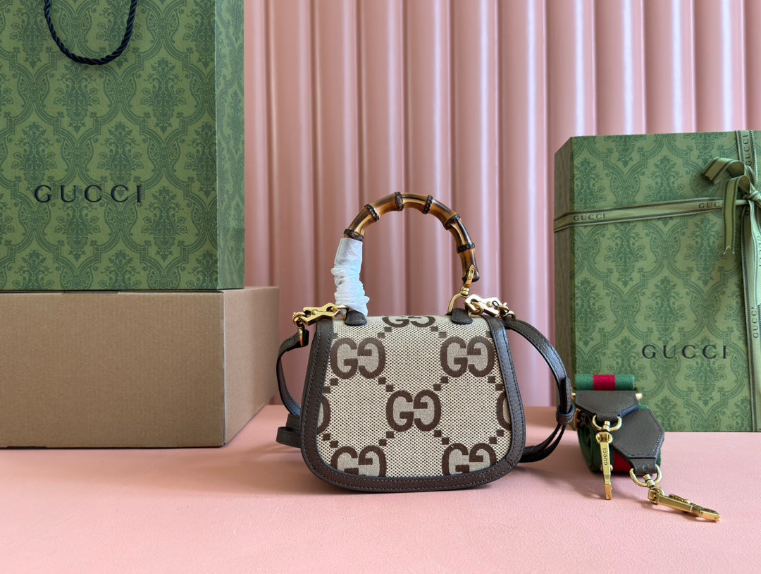 BAMBOO 1947 MINI BAG 17 IN BROWN CALFSKIN AND BEIGE CANVAS
