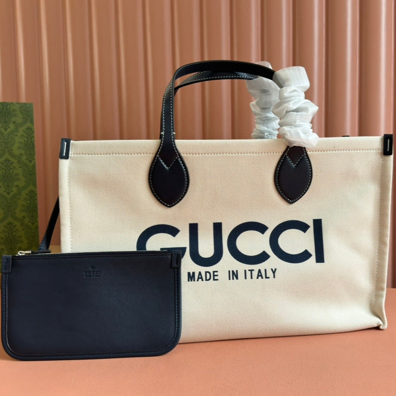 TOTE BAG PRINTED LOGO 41.5 IN WHITE CANVAS DARK BLUE CALFSKIN