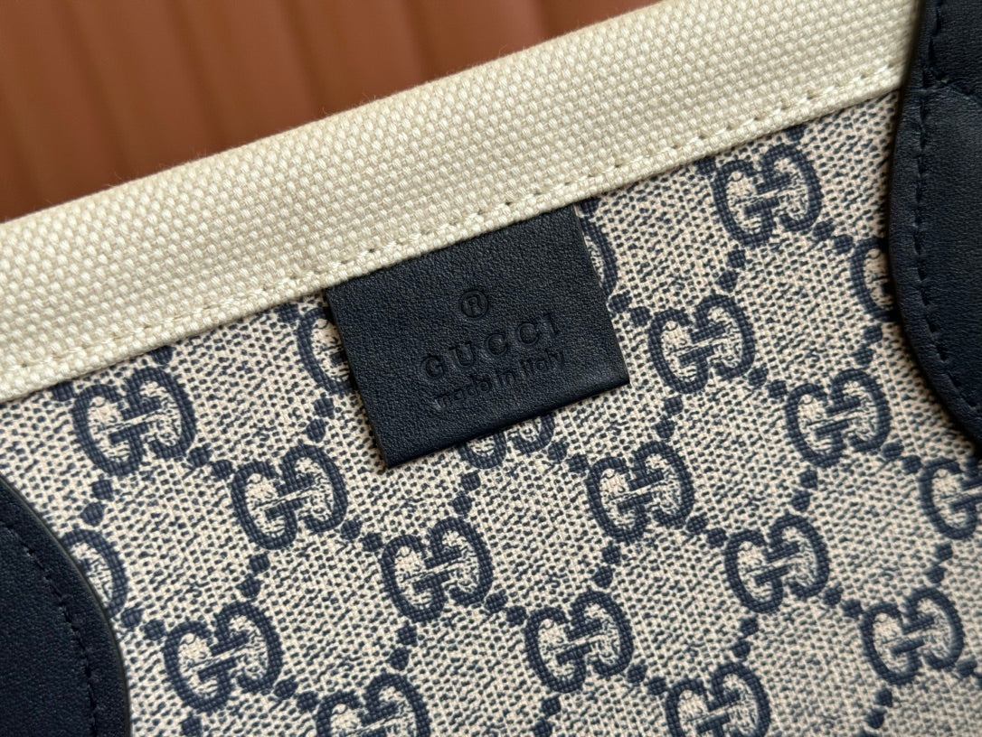 TOTE BAG PRINTED LOGO 41.5 IN WHITE CANVAS DARK BLUE CALFSKIN