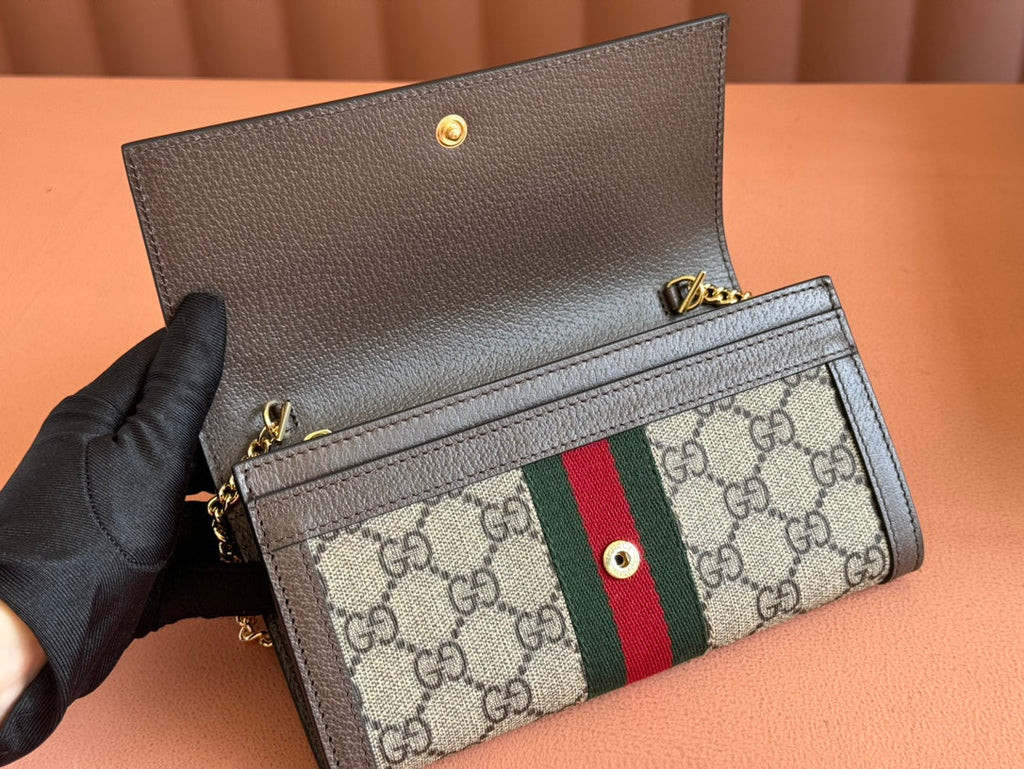 OPHIDIA WALLET ON GOLD CHAIN 19 IN BEIGE AND DARK BROWN CANVAS AND BROWN CALFSKIN