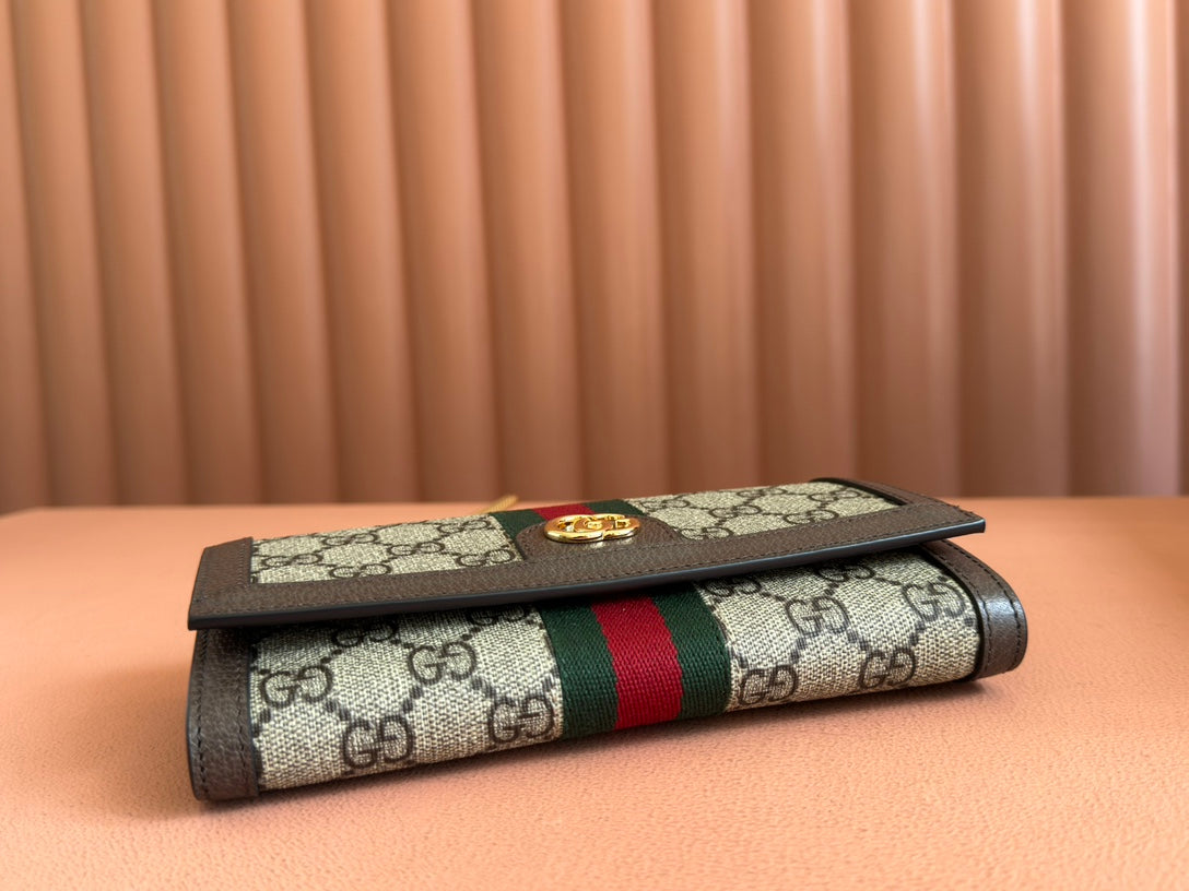 OPHIDIA WALLET ON GOLD CHAIN 19 IN BEIGE AND DARK BROWN CANVAS AND BROWN CALFSKIN