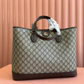 OPHIDIA MEDIUM TOTE BAG 38.5 BEIGE CANVAS AND BROWN CALFSKIN