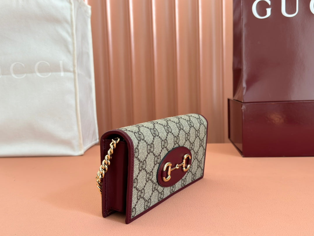 HORSEBIT 1955 WALLET ON CHAIN 19 IN BEIGE DARK BROWN NEW GG AND ROSSO ANCORA RED CALFSKIN
