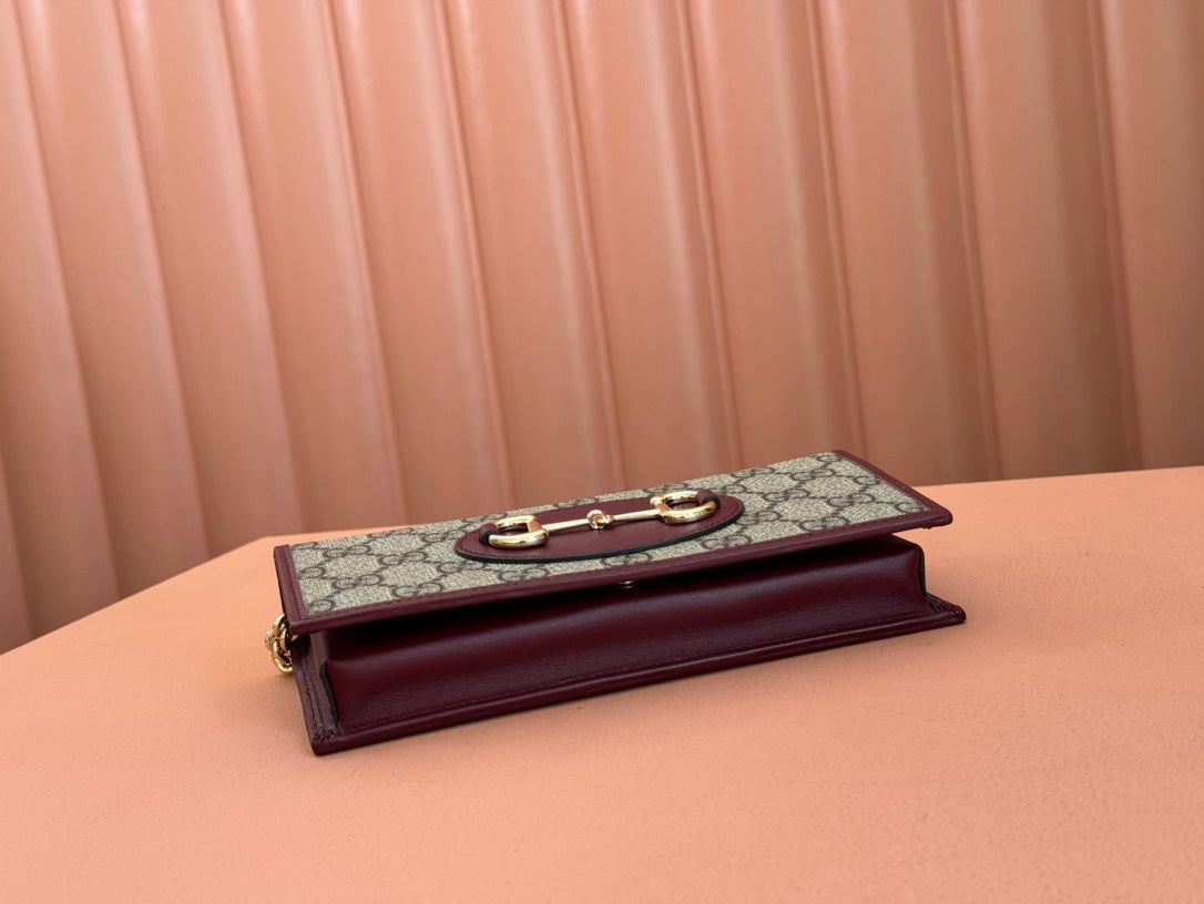 HORSEBIT 1955 WALLET ON CHAIN 19 IN BEIGE DARK BROWN NEW GG AND ROSSO ANCORA RED CALFSKIN