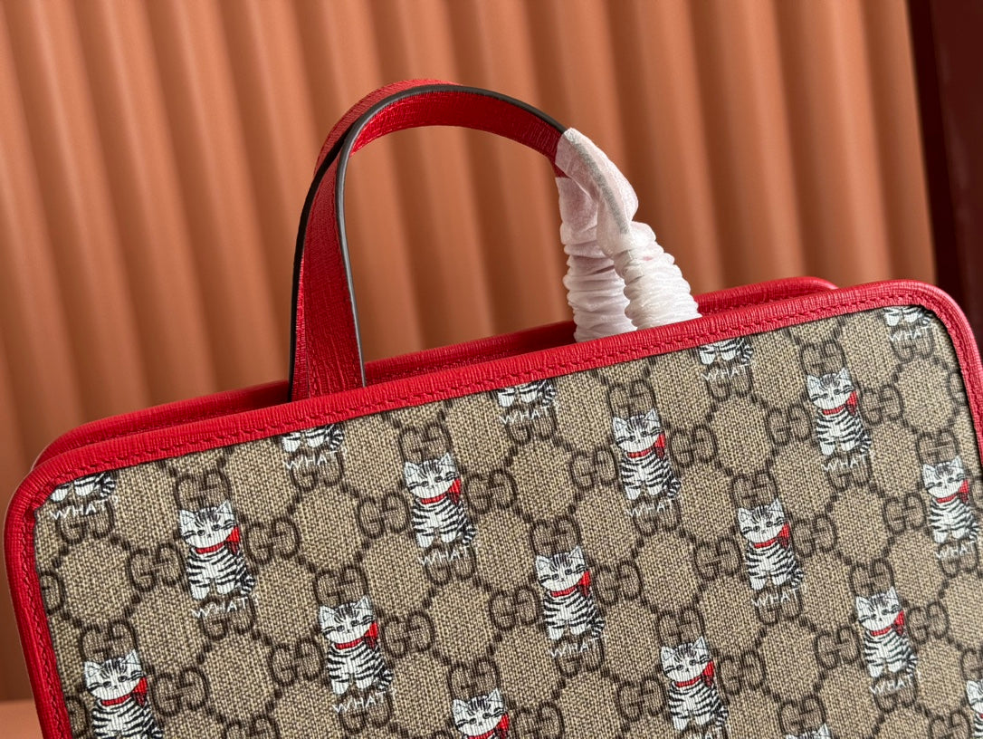 CHILDREN'S PRINTED CAT TOTE BAG 28.5 IN BEIGE AND DARK BROWN GG CANVAS RED TRIM