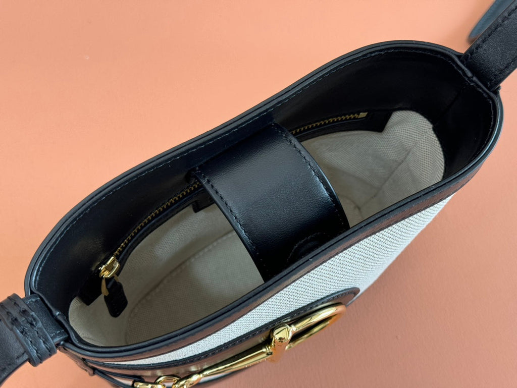 73 SMALL BUCKET BAG 20 IN NATURAL CANVAS AND BLACK CALFSKIN
