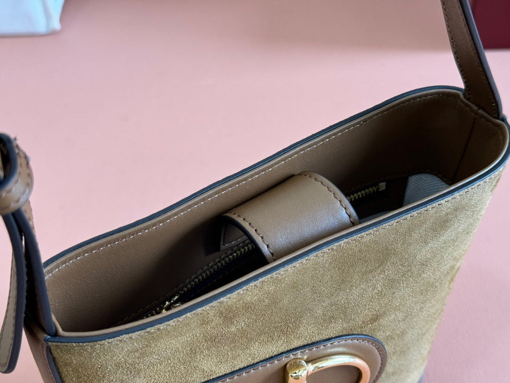 73 SMALL BUCKET BAG 20 IN BROWN SOFT SUEDE AND CALFSKIN
