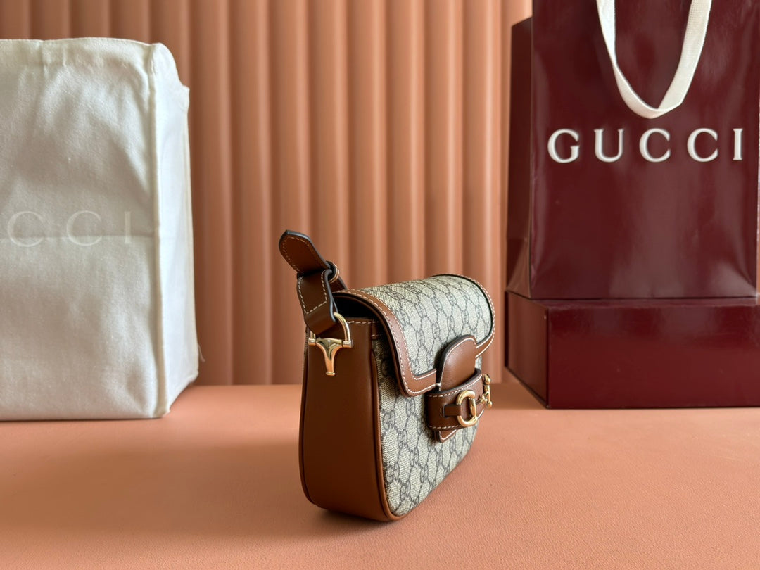 SMALL HORSEBIT 1955 SHOULDER BAG 20 IN BEIGE AND DARK BROWN NEW GG MONOGRAM CALFSKIN
