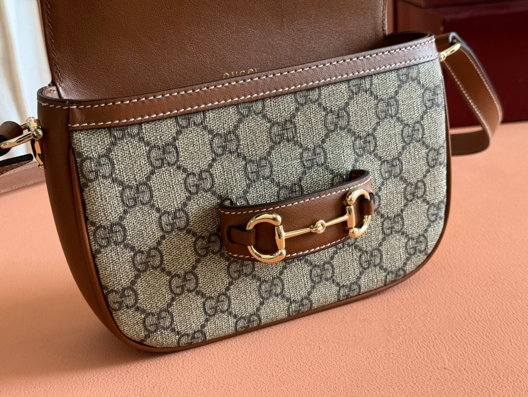 SMALL HORSEBIT 1955 SHOULDER BAG 20 IN BEIGE AND DARK BROWN NEW GG MONOGRAM CALFSKIN