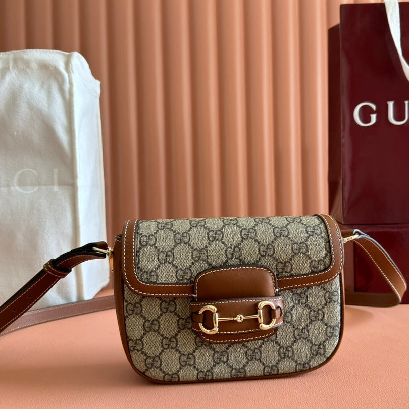 SMALL HORSEBIT 1955 SHOULDER BAG 20 IN BEIGE AND DARK BROWN NEW GG MONOGRAM CALFSKIN