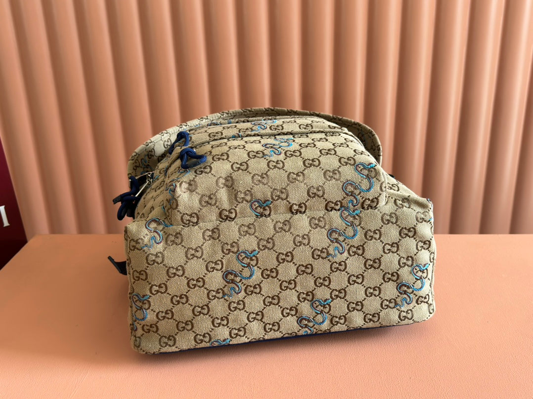 BACKPACK 40 IN BEIGE AND BROWN CANVAS BLUE SNAKE EMBROIDERY