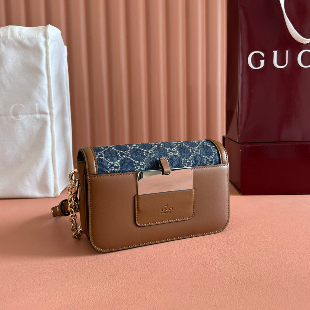 GO SMALL SHOULDER BAG 21.5 IN BLUE DENIM BROWN CALFSKIN