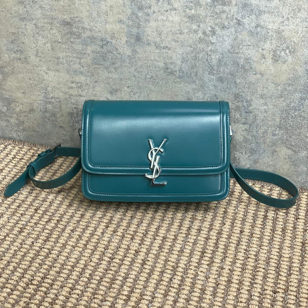 SOLFERINO SMALL SATCHEL 23 IN CERULEAN BLUE CALFSKIN GOLD HARDWARE