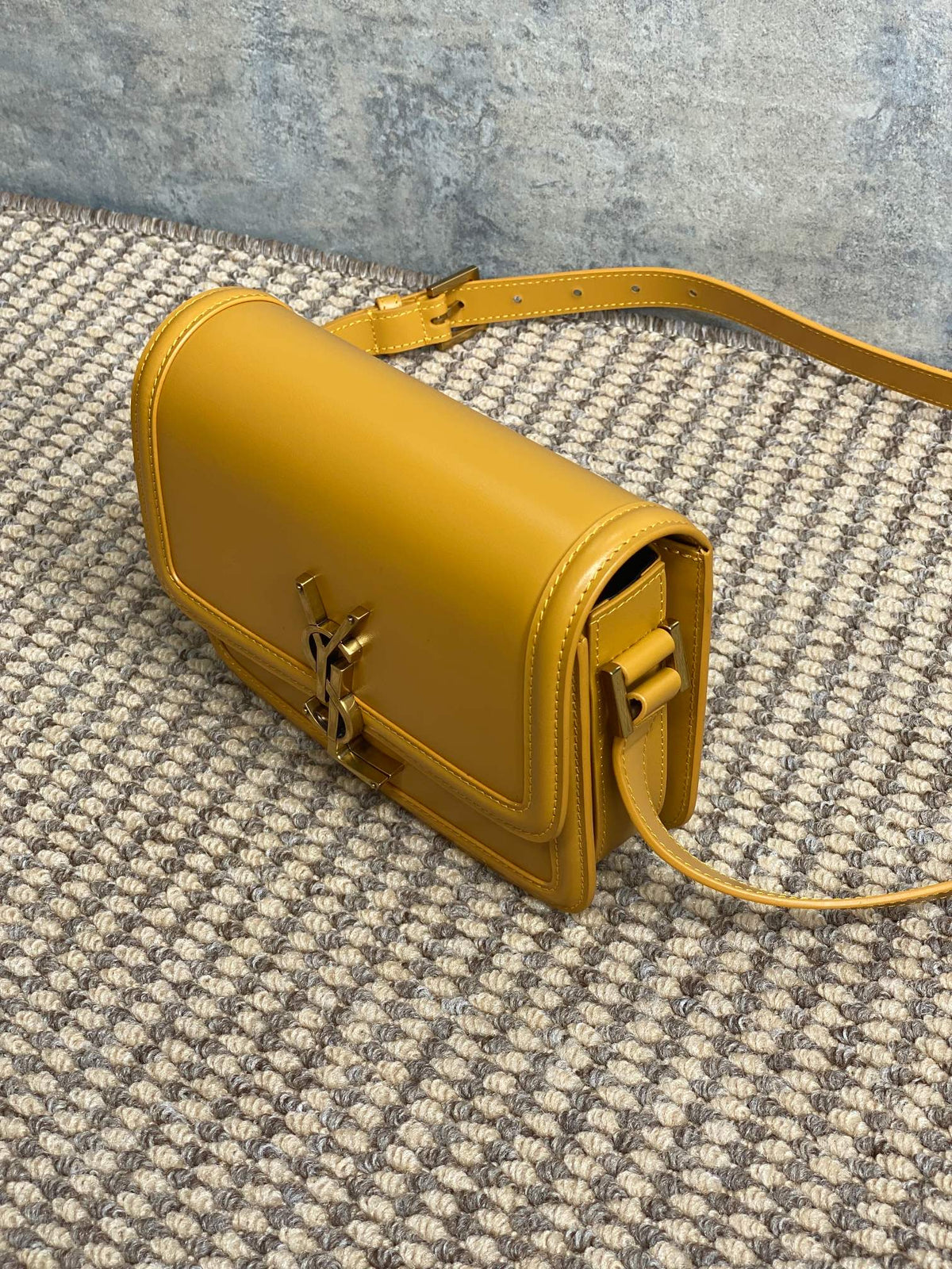 SOLFERINO SMALL SATCHEL 19 IN SAFFRON YELLOW CALFSKIN GOLD HARDWARE