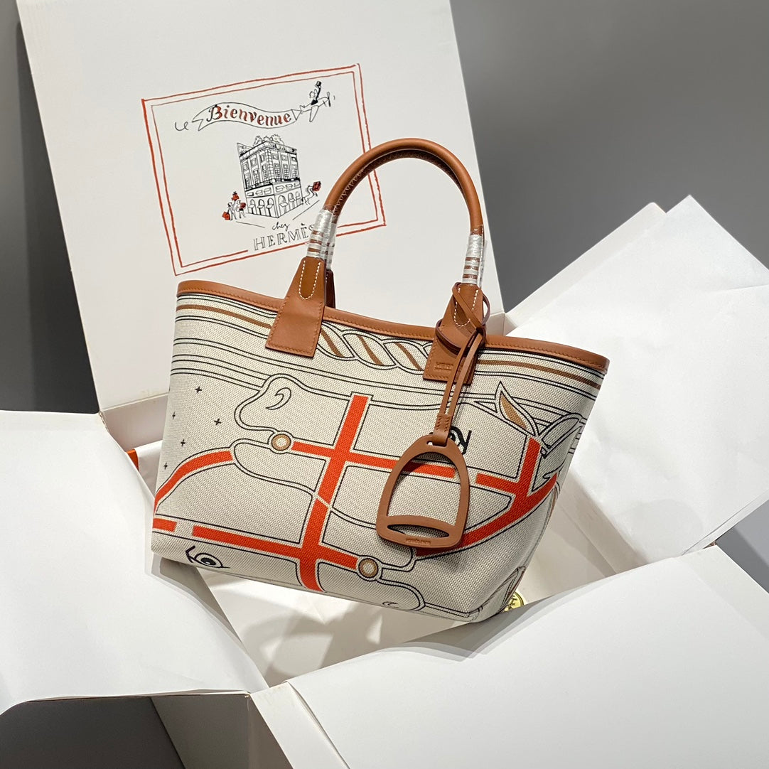 STEEPLE 28 BAG IN BEIGE CANVAS AND BROWN SWIFT LEATHER