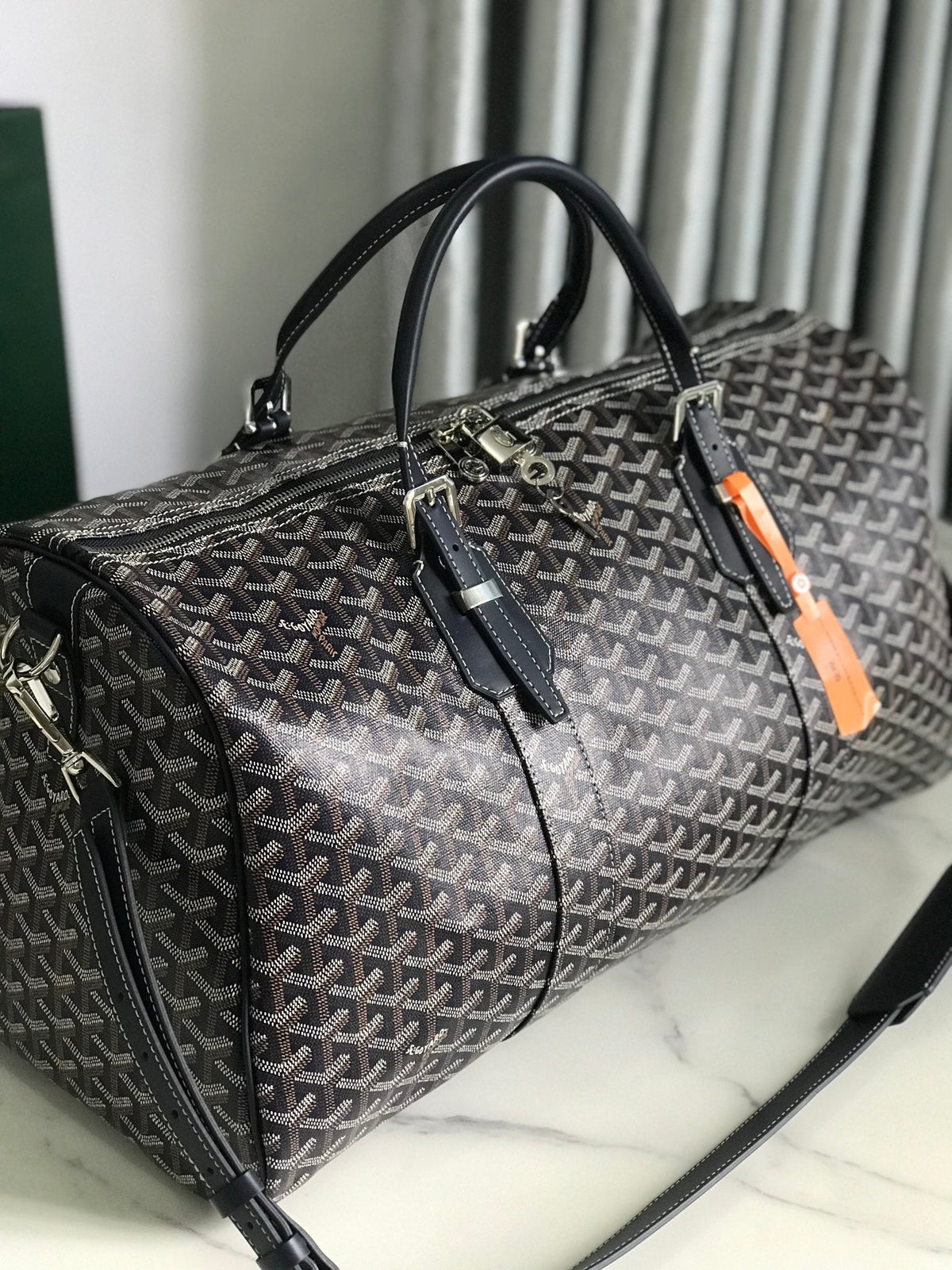 BOSTON 50 BAG IN NAVY BLUE GOYARDINE CANVAS AND CALFSKIN TRIM