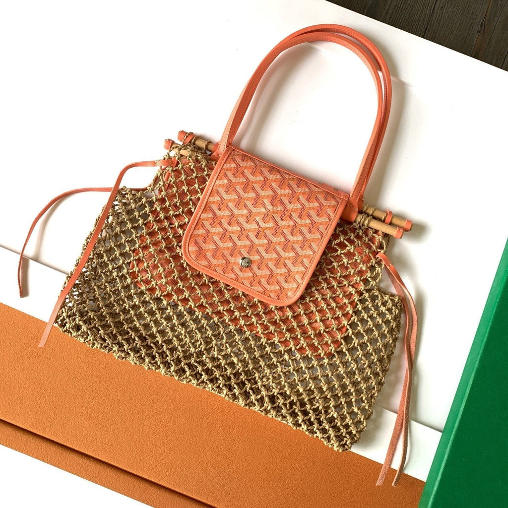 ALIGRE BAG 40 IN RED ORANGE WOVEN RAFFIA AND CALFSKIN