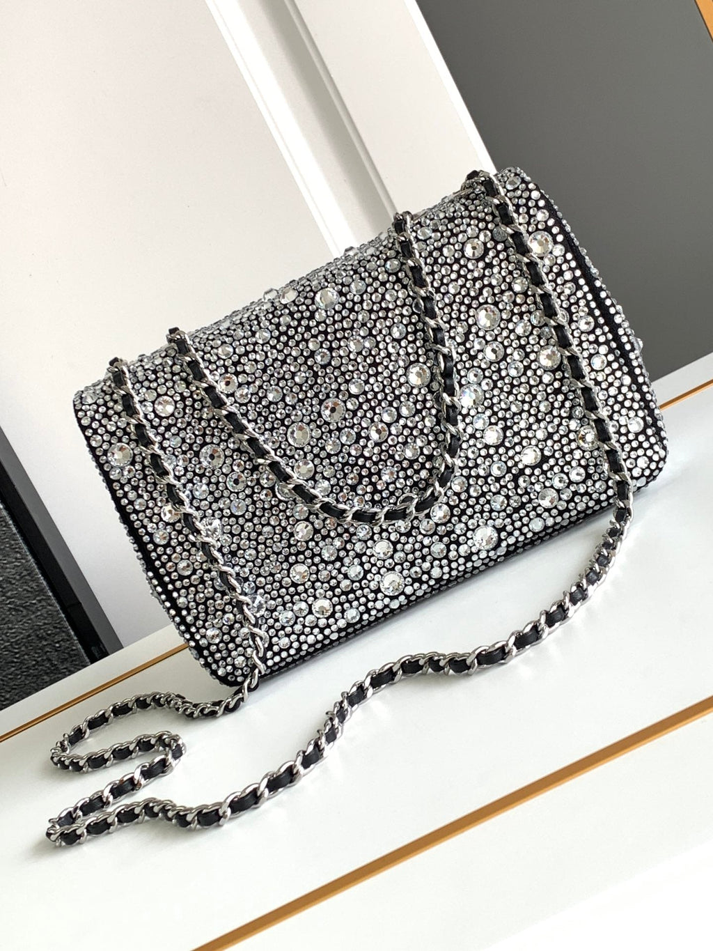 CC MINI 20 FLAP BAG IN SILVER SATIN RHINSTONES EMBELLISHED