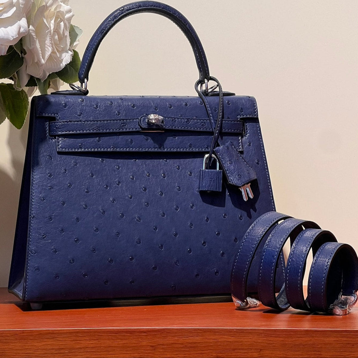 KELLY SELLIER 25 BAG IN NAVY BLUE OSTRICH LEATHER WITH SILVER HARDWARE