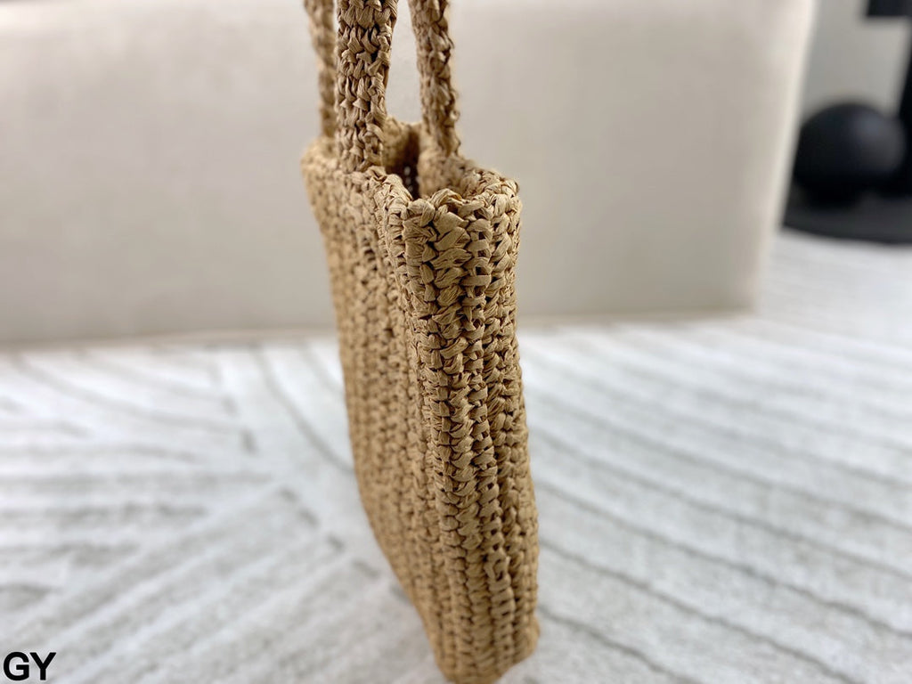 EMBROIDED LOGO SMALL TOTE BAG 28 IN BEIGE WOVEN RAFFIA