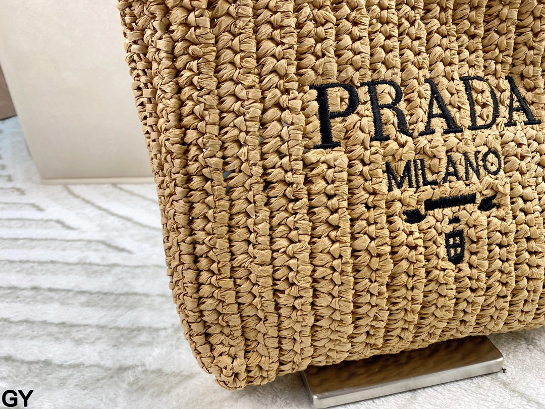 EMBROIDED LOGO SMALL TOTE BAG 28 IN BEIGE WOVEN RAFFIA