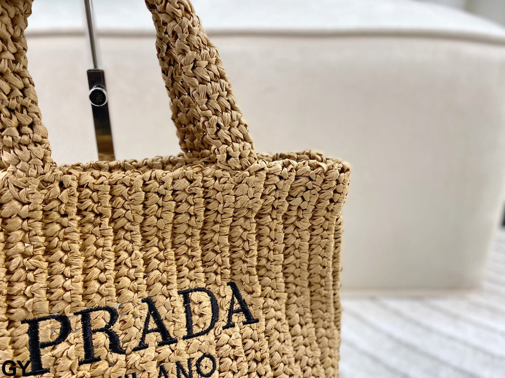 EMBROIDED LOGO SMALL TOTE BAG 28 IN BEIGE WOVEN RAFFIA
