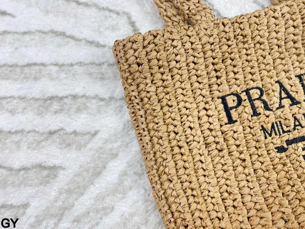 EMBROIDED LOGO SMALL TOTE BAG 28 IN BEIGE WOVEN RAFFIA