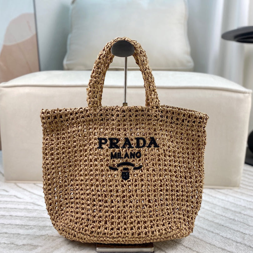EMBROIDED LOGO TOTE BAG 38 IN BEIGE WOVEN RAFFIA